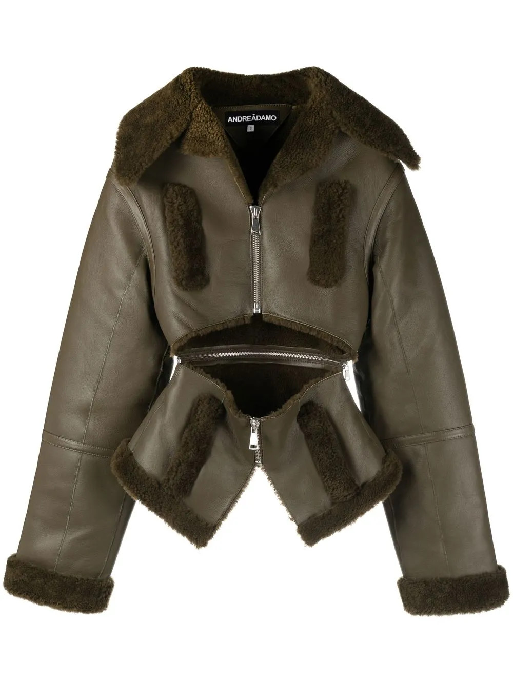 ANDREĀDAMO cut-out shearling-trim Leather Jacket | Green | FARFETCH | Farfetch Global