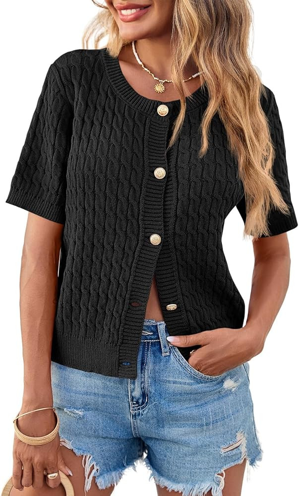 Saodimallsu Womens Summer Short Sleeve Cardigans Cable Knit Cropped Button Down Crewneck Lightwei... | Amazon (US)