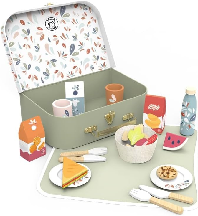 SPEEDY MONKEY Wooden Picnic Basket Playset for Pretend Play | Kids Food & Fruit Toy Set for Kitch... | Amazon (US)