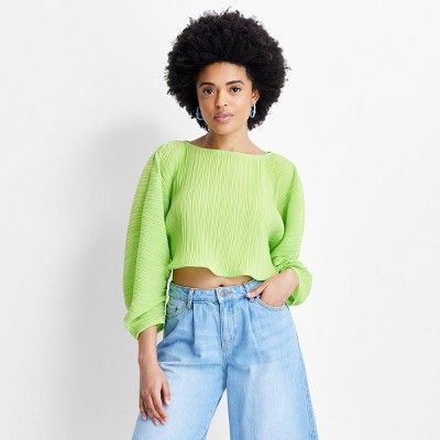 Women's Long Croissant Sleeve Plisse Crop Top - Future Collective™ with Gabriella Karefa-Johnso... | Target