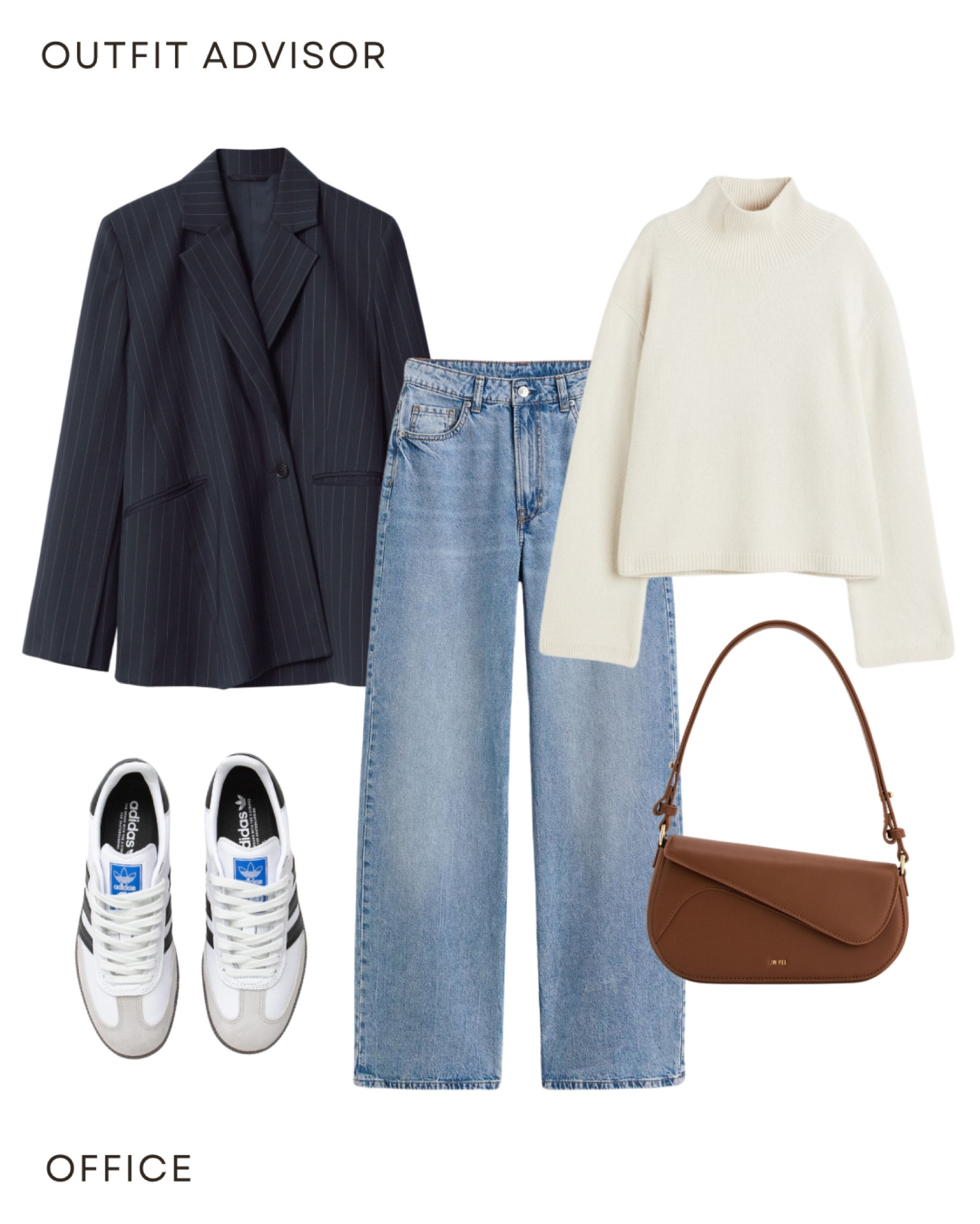 Casual workwear for autumn: pinstripe blazer, cream knit turtleneck jumper, wide leg jeans, a jwpei brown shoulder bag, adidas samba sneakers

#LTKstyletip #FashionMonth #LTKworkwear