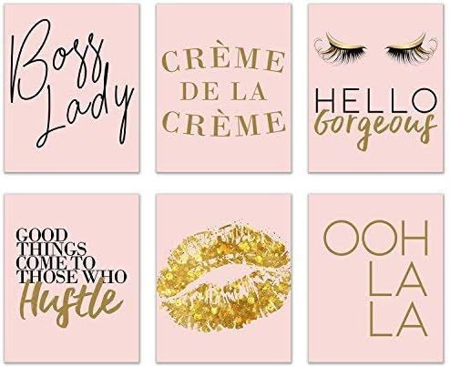 Inspirational Fashion Prints - Set of 6 (8x10) Pink and Gold Office Poster Wall Art Quotes | Amazon (US)