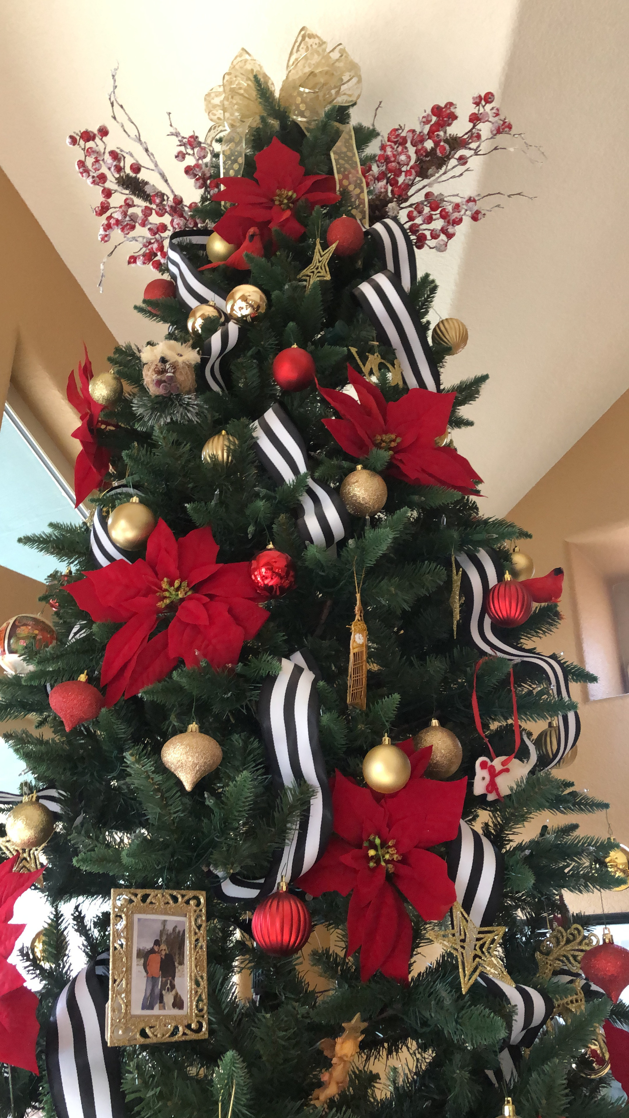 Modern Christmas Tree. Tie a large bow for the top, especially if your tree is right at the ceiling. Stick Large artificial sprigs at the top of your tree for a dramatic effect. #ModernChristmasTree #Redandblack #Christmastree #Christmasdecor #Christmastreeidea 

 #LTKHoliday #LTKSeasonal #LTKHome
