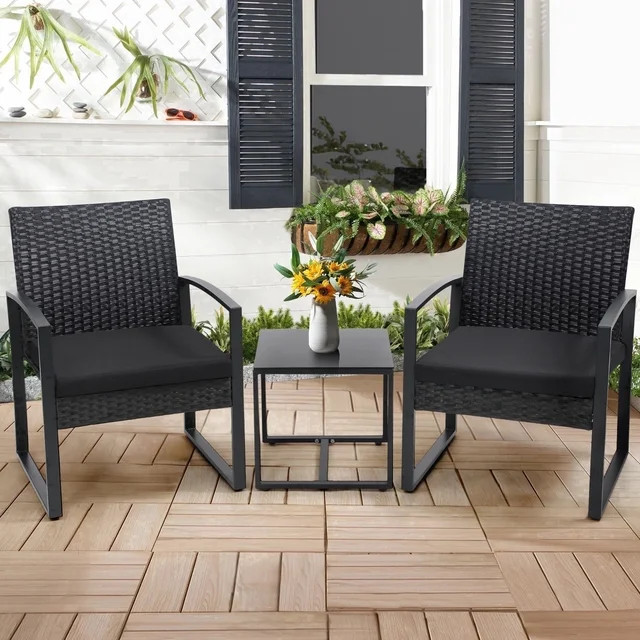LOGYAT 3 Piece Wicker Patio Bistro Set, All-Weather Rattan Conversation Set with Glass Top Coffee... | Walmart (US)