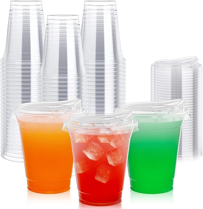 Lilymicky [100 PACK] 12 oz Clear Plastic Cups With Strawless Sip Lids, Disposable Plastic Cups Wi... | Amazon (US)