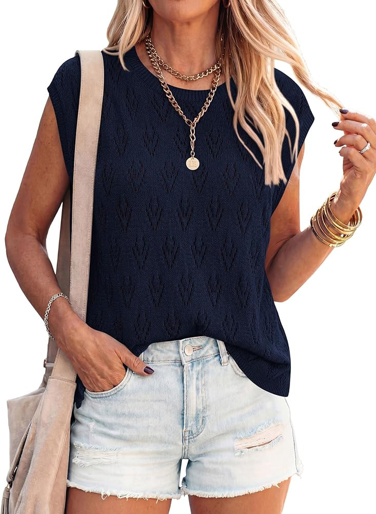 PRETTYGARDEN Crochet Tops for Women 2026 Summer Sweater Vest Knit Cap Sleeve Hollow Out Tank Cove... | Amazon (US)