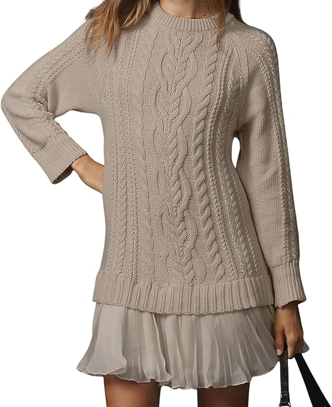 Women Crewneck Cable Knit Sweaters Mini Dresses,Sweater Dress with Skirt,Pleated Patchwork Dresse... | Amazon (US)