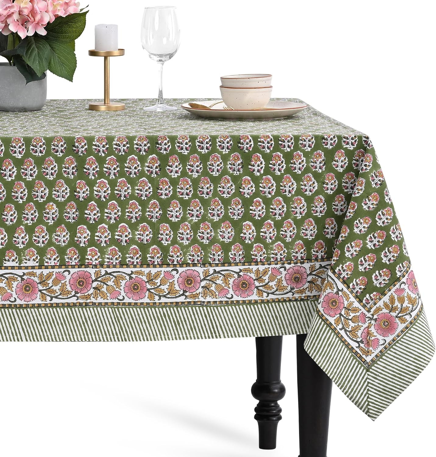 CPC Jade Green Block Print 100% Cotton Rectangle Tablecloth 70x108 Inch | Amazon (US)