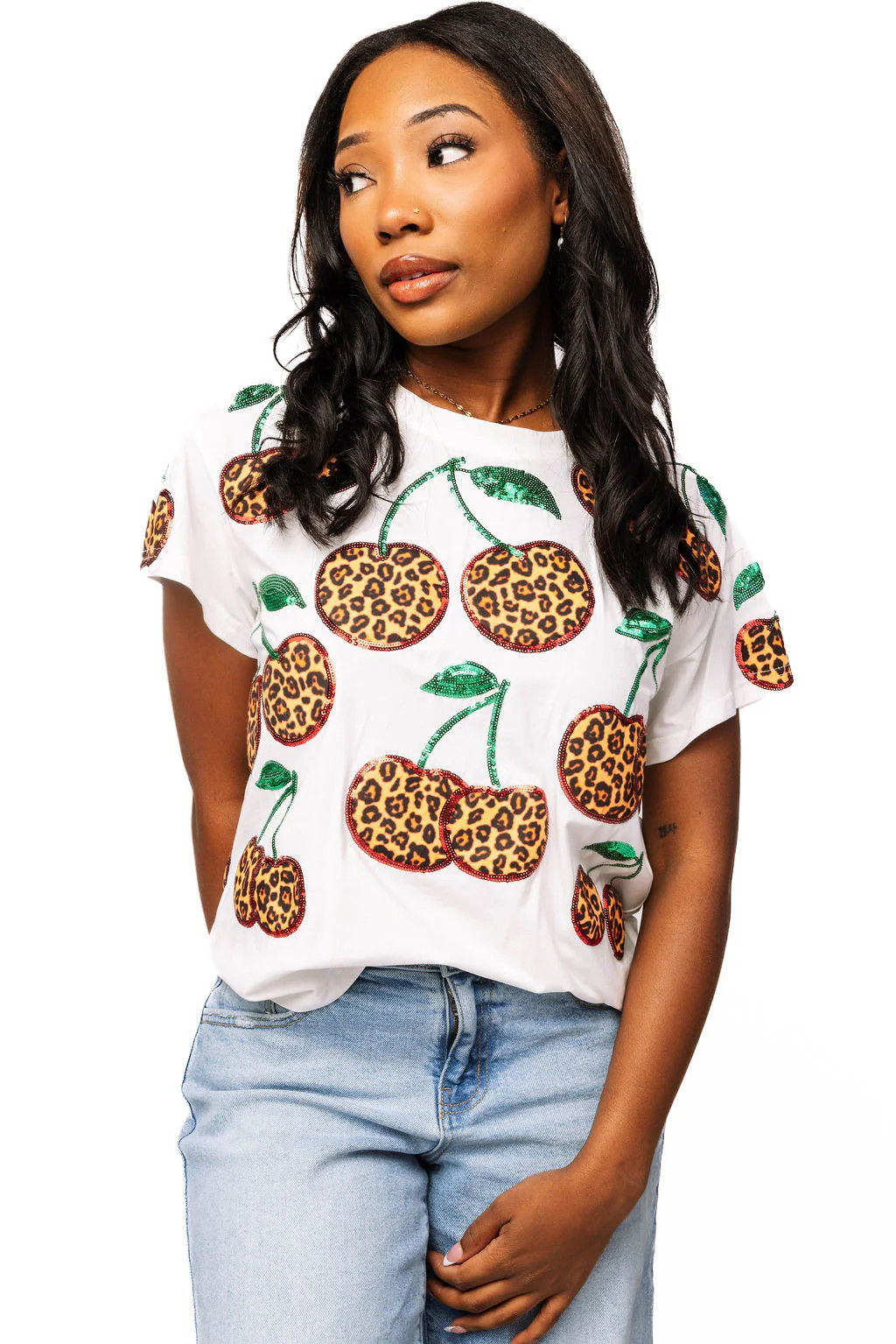White Leopard Print Cherry Tee | Queen of Sparkles