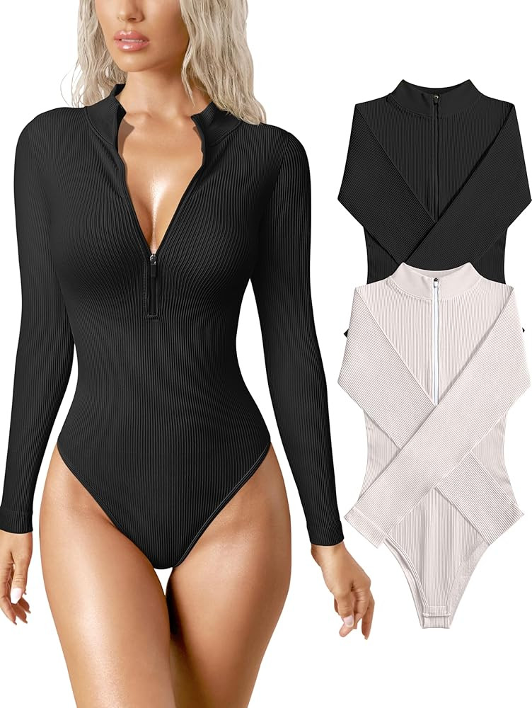 OQQ Women's 2 Piece Bodysuits Sexy Ribbed One Piece Zip Front Long Sleeve Tops Bodysuits | Amazon (US)
