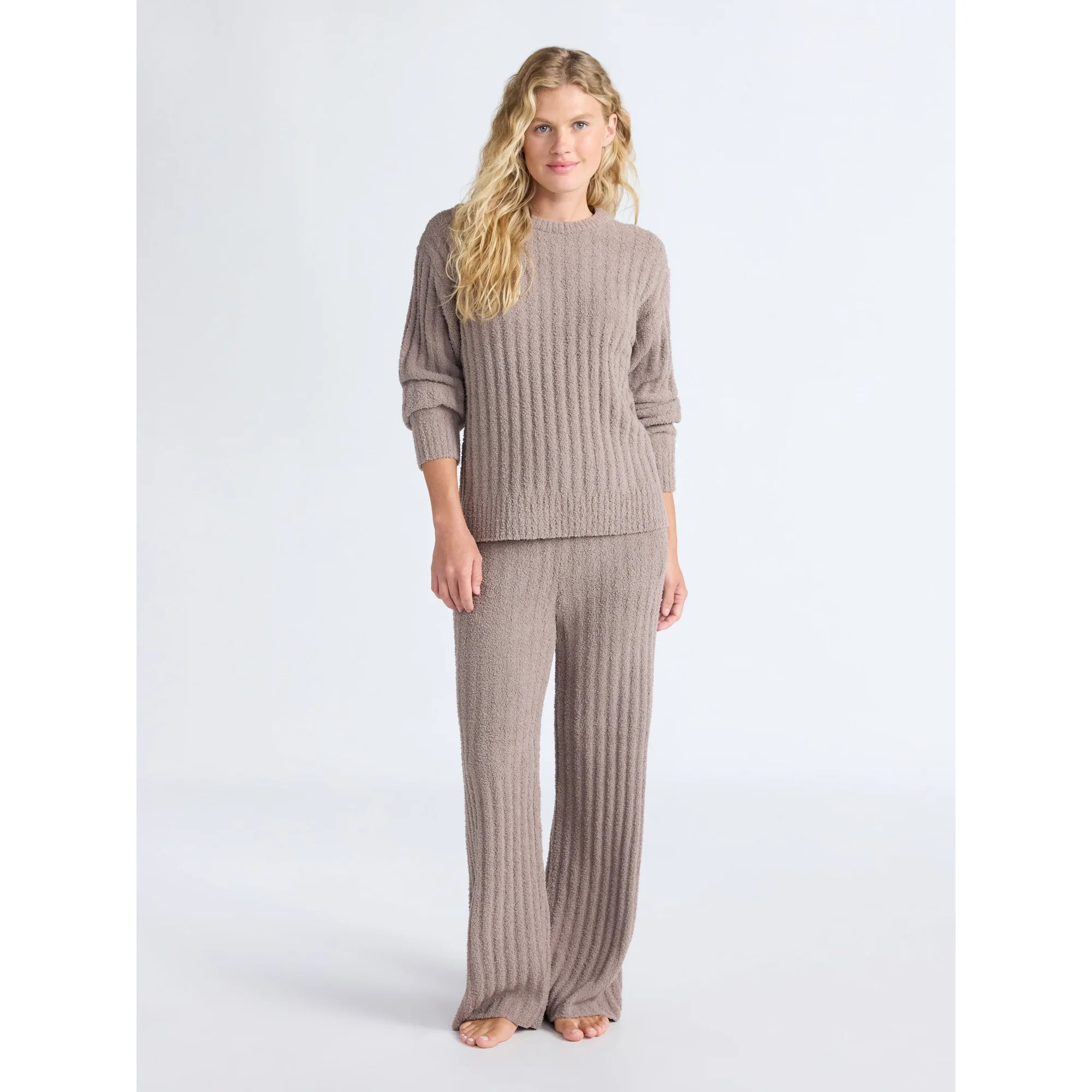 Joyspun Women's Cozy Ribbed Crewneck Top and Wide-Leg Pants Set, 2-Piece, Sizes XS-3X | Walmart (US)