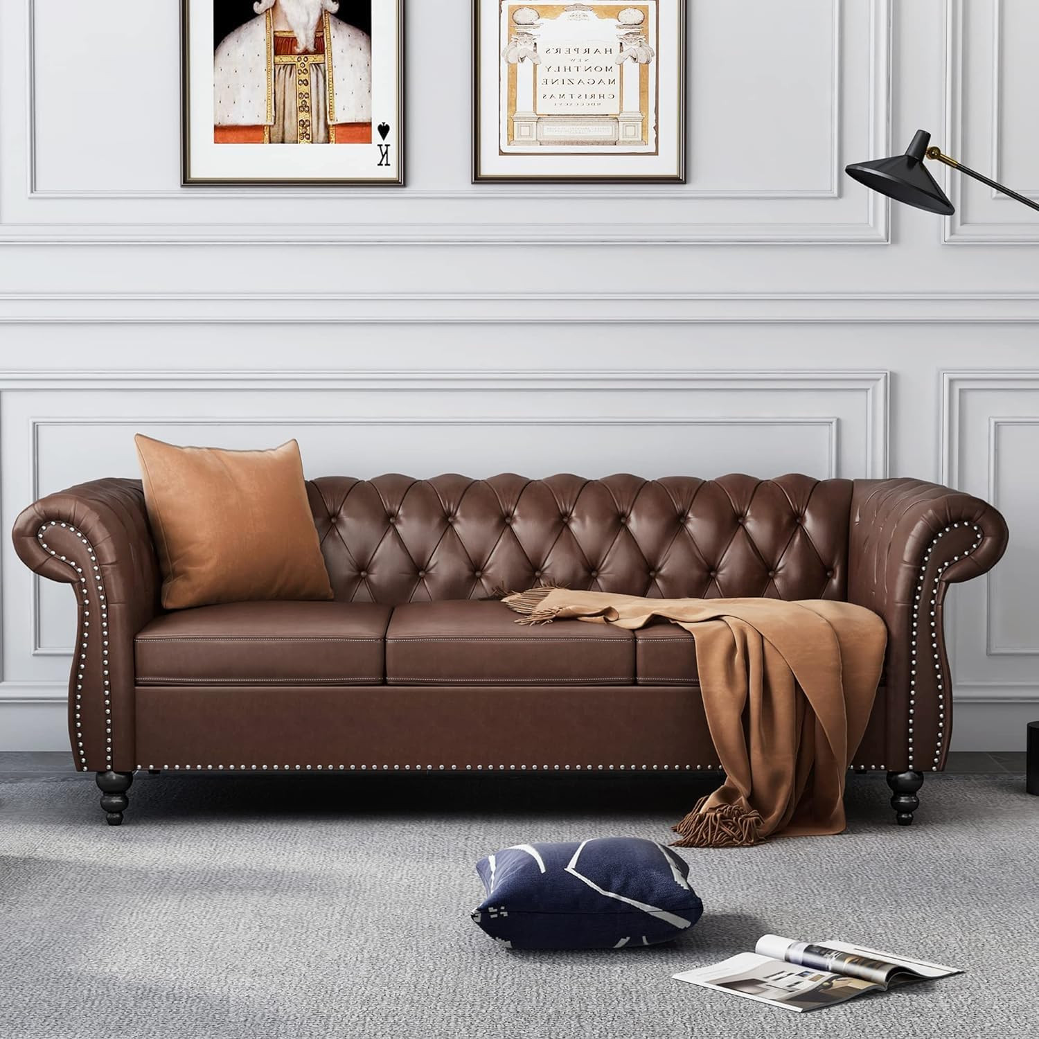 Chesterfield Leather Sofa 3 Seater Couch, Mid-Century Large Sofa Roll Arm Classic Tufted Settee M... | Amazon (US)
