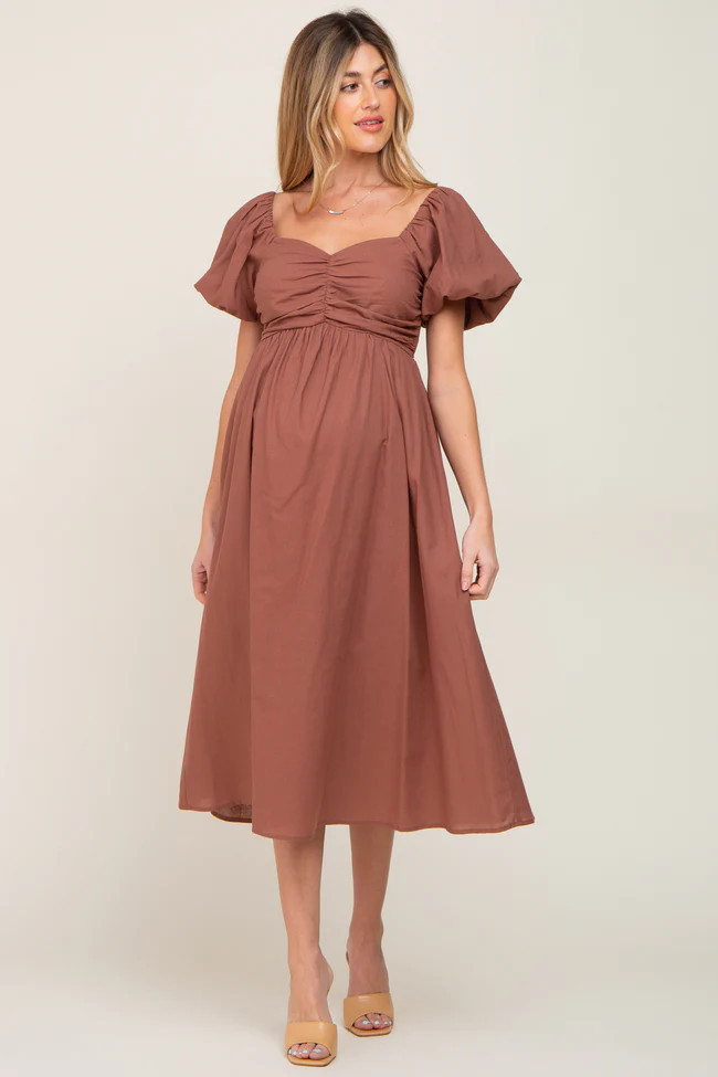Mocha Sweetheart Neck Puff Sleeve Linen Maternity Midi Dress | PinkBlush Maternity