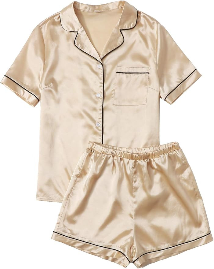 SweatyRocks Women's Short Sleeve Sleepwear Button Down Satin 2 Piece Pajama Set | Amazon (US)
