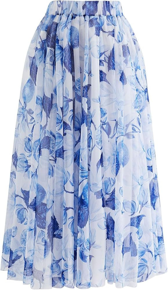 CHICWISH Women Mesh Tulle Skirt Indigo Lemon Printed A-Line Fairy Midi Skirt High Elastic Waist L... | Amazon (US)