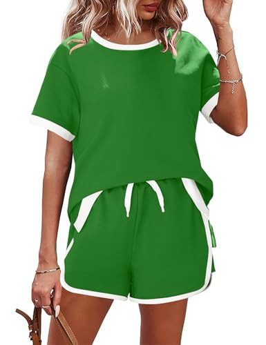 AKEWEI Women's Two Piece Lounge Sets Casual Short Sleeve Pullover Tops Matching Shorts Loungewear Set Green XL | Amazon (US)