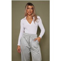 Off White Marl Rib Collar Long Sleeve Bodysuit | PrettyLittleThing UK