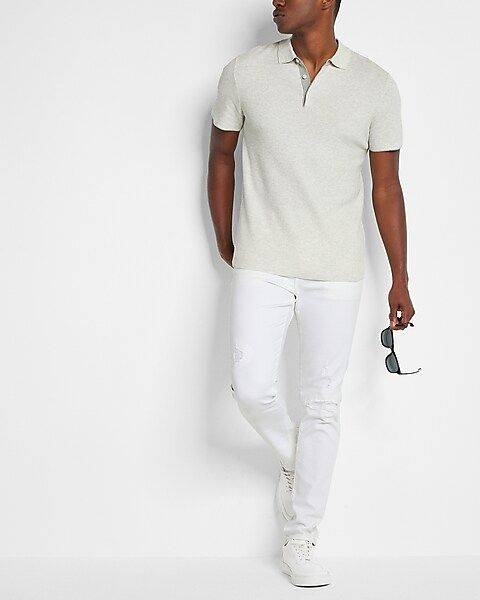 White Ribbed Short Sleeve Cotton Polo | Express