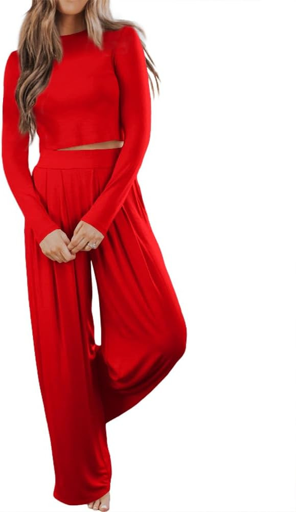 Ezbelle womenss Fall Fashion Lounge Sets Pajama Two Piece Cropped Pullover Jammies Outfits Casual... | Amazon (US)