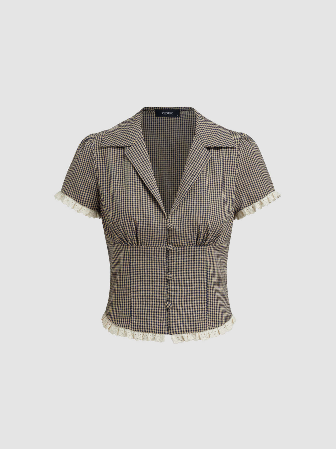 Cotton-blend V-neck Gingham Lettuce Trim Broderie Anglaise Blouse | Cider