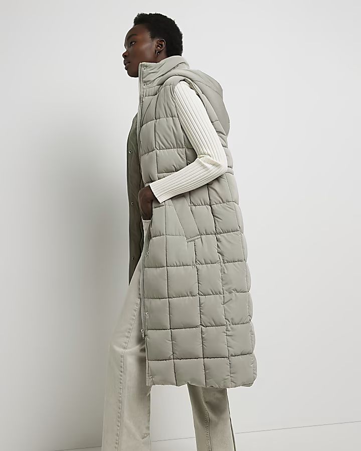 Grey quilted longline hooded gilet | River Island (UK & IE)