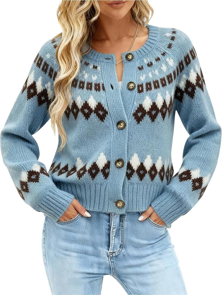 EMMIOL Womens Fair Isle Sweater Cropped Button Up Long Sleeve Cardigans Crewneck Knit Sweater Coa... | Amazon (US)