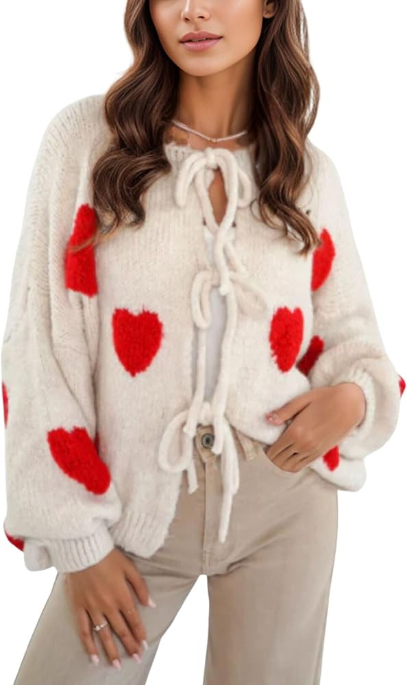FindThy Women’s Tie Front Cardigan Sweater Cute Long Sleeve Crew Neck Bow Knot Knit Outwear | Amazon (US)