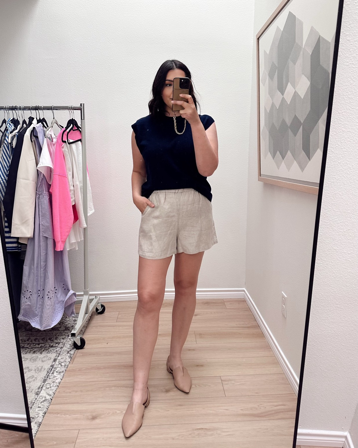 I love the Tropaz shorts from J.Crew so much! I forget that they run big though. I sized up because I hate a tight linen but forgot that they’re a generous fit anyways. So this is the large and they’re a touch too big. Definitely a medium for me, so TTS for their size chart!

On sale for under $50 right now. These in linen + black are my go to all summer long because they’re lightweight, elastic waist but still look very tailored. 

My sweater vest is on sale in select colors! It’s the softest cashmere and I love the fit on this one. This is the medium, it’s a loose generous fit. J.Crew out here with the vanity sizing and I am personally loving it. lol.

Comes in a few colors as well but I’m partial to cream and navy for spring! The cream is on sale and that’s the one I’d go for right now. 

 