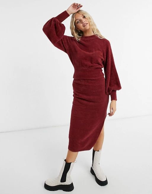 ASOS DESIGN fluffy sweater with open back and midi skirt in dark red | ASOS (Global)