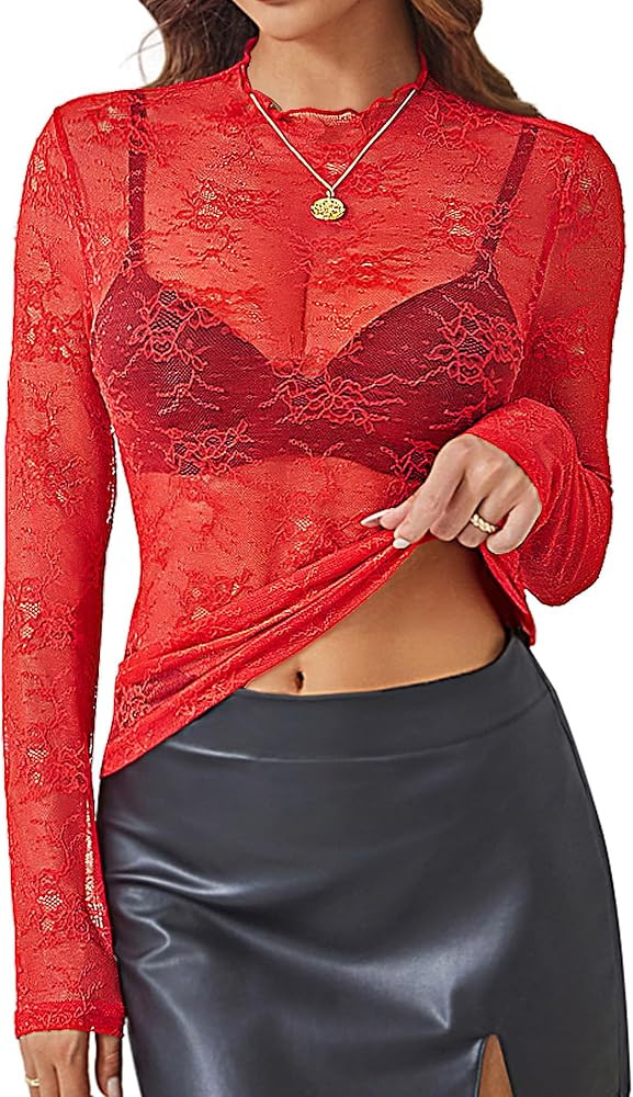 Kate Kasin Lace Tops for Women, Sexy Mesh Long Sleeve Sheer Shirts, Slim Fitted See Through Lace ... | Amazon (US)