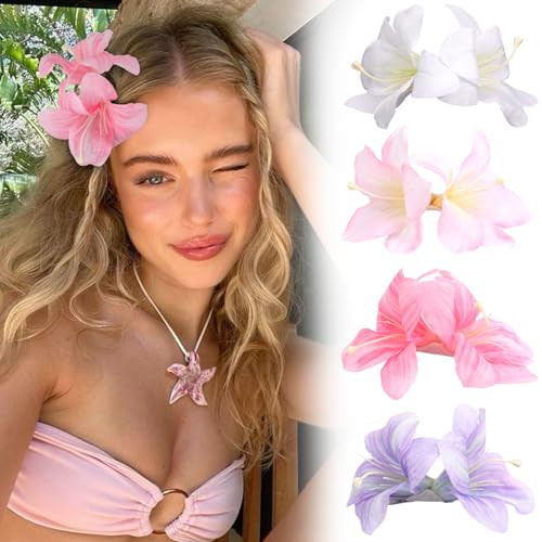 4PCS Hawaiian Flower Hair Clips for Women, Double Plumeria Flower Clips, 3.9 Inch Hibiscus Floral Clips for Girls Beach Accessories, Rose Orchid Floral Hair Clips for Summer Vacation Party Wedding | Amazon (US)