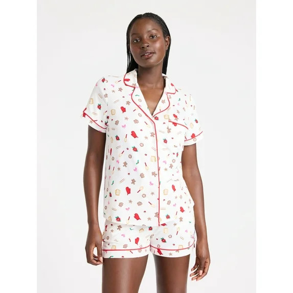Joyspun Women’s Dreamy Soft Collection Notch Collar Knit Top and Boxer Shorts Pajama Set, Sizes... | Walmart (US)