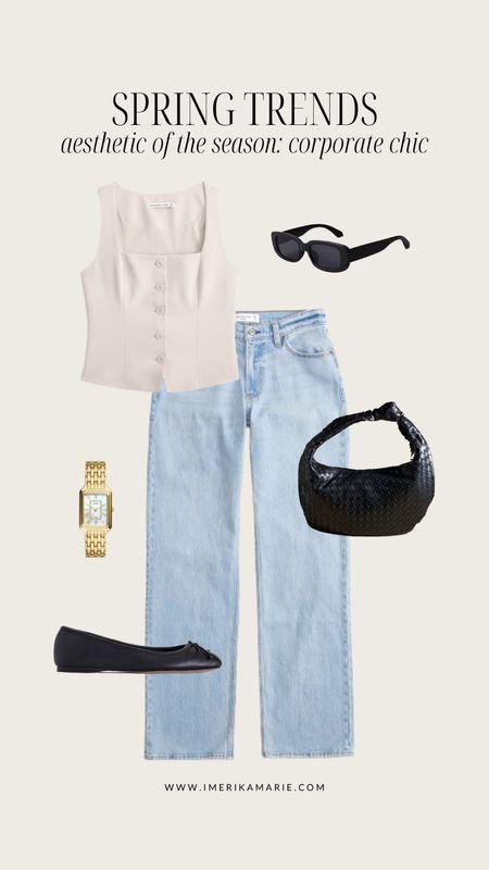 Spring fashion trends. Corporate chic. Spring outfit. Abercrombie jeans. Low rise jeans. Flats. Square watch. Woven bag.

#LTKstyletip #LTKfindsunder100 #LTKSeasonal