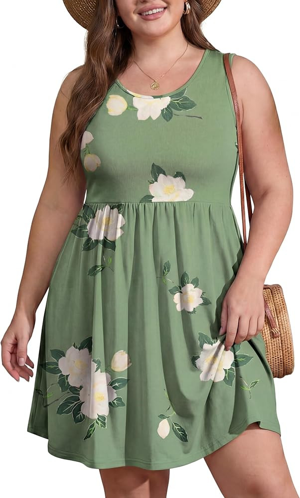 OLRIK Womens 2026 Plus Size Sundress A-Line Summer Sleeveless Knee Length Empire Waist T-Shirt Dr... | Amazon (US)