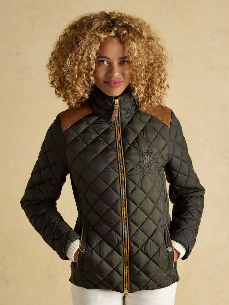 Joules Braemar Luxe Khaki Green Showerproof Diamond Quilted Coat | Next US