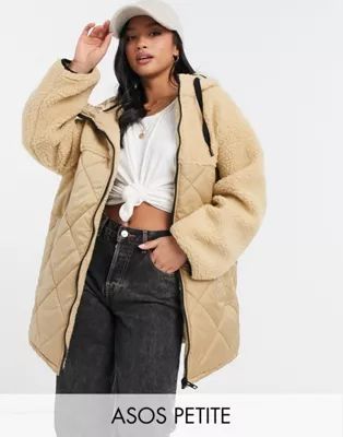 ASOS DESIGN Petite quilted jacket with sherpa panels in camel | ASOS (Global)