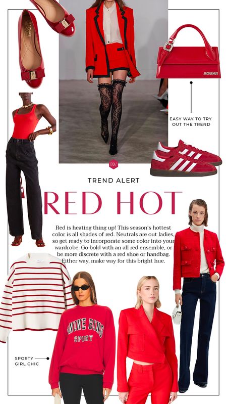 Red is heating thing up! This season's hottest color is all shades of red. Neutrals are out ladies, so get ready to incorporate some color into your wardrobe. Go bold with an all red ensemble, or be more discrete with a red shoe or handbag. Either way, make way for this bright hue.

#LTKSeasonal