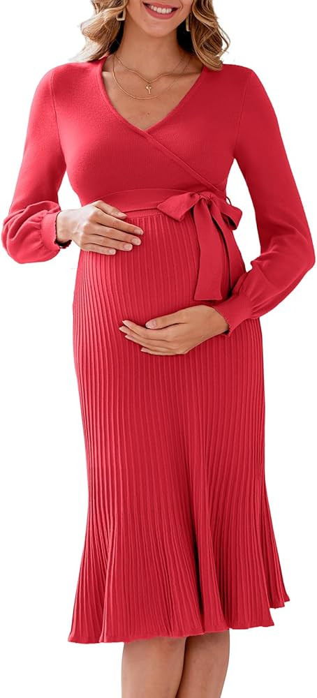 V FOR CITY Maternity Sweater Dress for Baby Shower Party Wrap V Neck Puff Sleeve Tie Waist Pleate... | Amazon (US)
