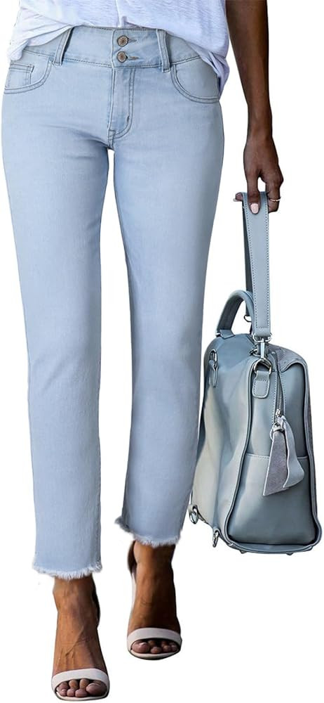 Sidefeel Women's High Waisted Jeans Strechy Raw Hem Straight Leg Denim Pants with Pockets | Amazon (US)