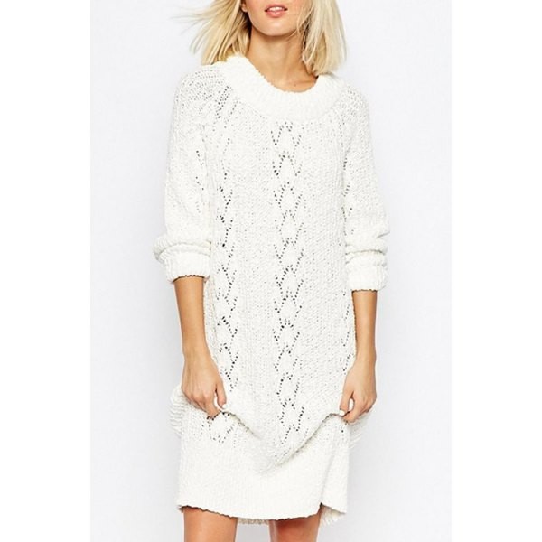 Elegant Round Neck Long Sleeve Openwork Women s White Sweater | Trendsgal US
