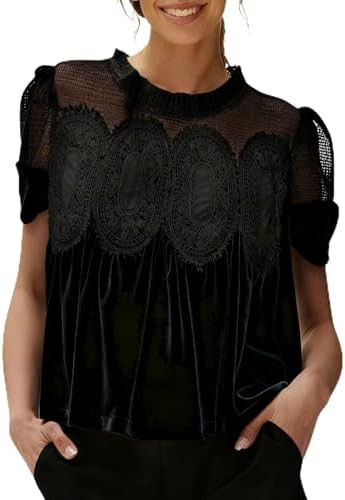 Gozoloma Women's Velvet Lace Blouse Casual Round Neck Short Sleeve Flared Swing Top Elegant Loose... | Amazon (US)