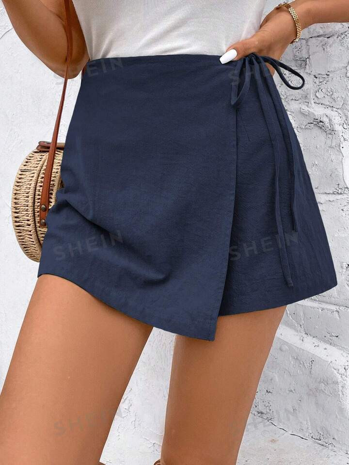 SHEIN Frenchy Women Wrapped Tie Texture Material Knot Side Wrap Skort Shorts | SHEIN