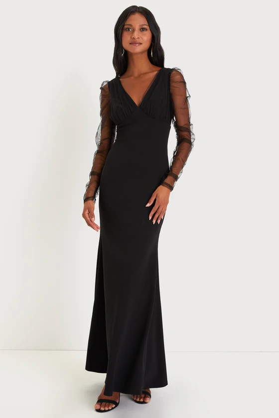 Red Carpet Energy Black Tulle Long Sleeve Mermaid Maxi Dress | Lulus