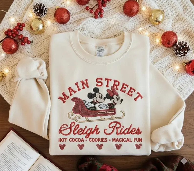 Embroidered Retro Mickey Minnie Main Street Sleigh Rides Sweatshirt, Disney Characters Christmas ... | Etsy (US)