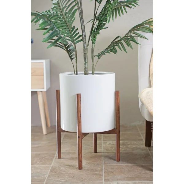 Mid-century Modern White Ceramic Planter with Wood Stand - White | Bed Bath & Beyond