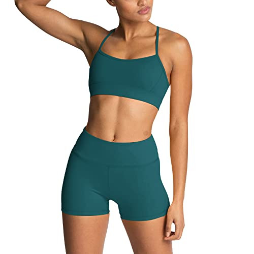 Workout Sets for Women 2 Piece Yoga Outfit: Tracksuits High Waisted Running Biker Shorts with Adjustable Strap Sport Bra Exercise Clothes Athletic Gym Sets Matching Active Wear # Lake Blue Large | Amazon (US)