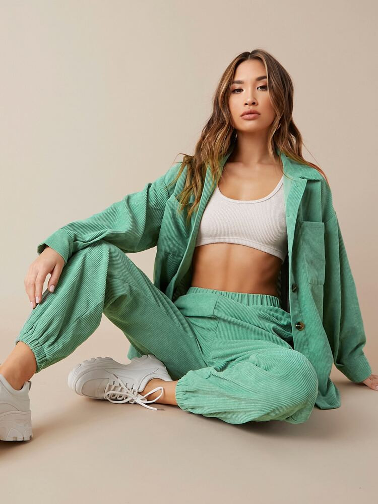 SHEIN Patch Pocket Cord Coat & Pants Set | SHEIN