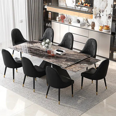 Dining Table Set For 8 With 78.7''-110.2'' Expandable Sintered Stone Dining Table Top And 8 Faux Leather Dining Chairs | Wayfair North America