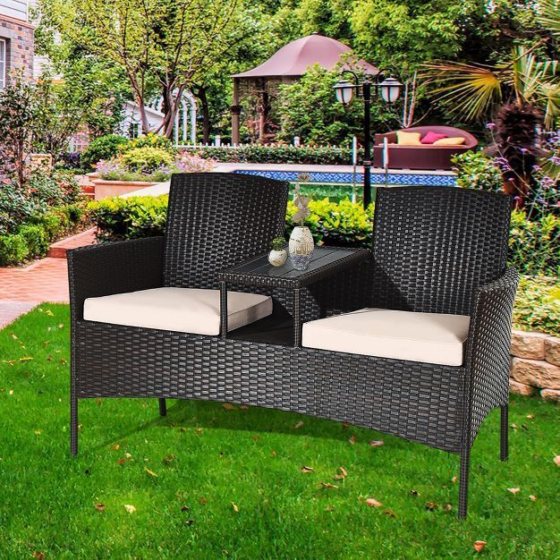 Costway Patio Rattan Conversation Set Loveseat Sofa Cushioned Coffee Table Mix Brown | Target