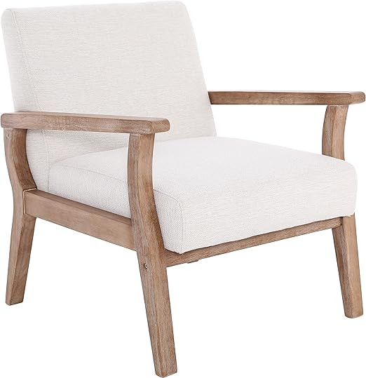 Wahson Mid Century Armchair with Wood Frames, White Linen Upholstered Farmhouse Living Room Chair... | Amazon (US)